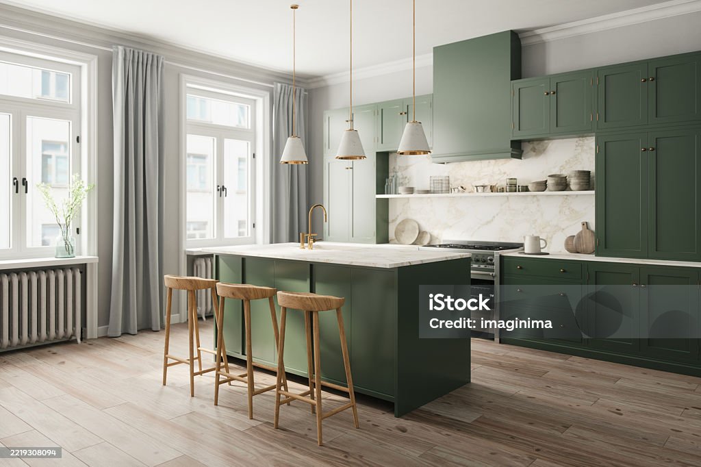 Modern green kitchen with marble backsplash