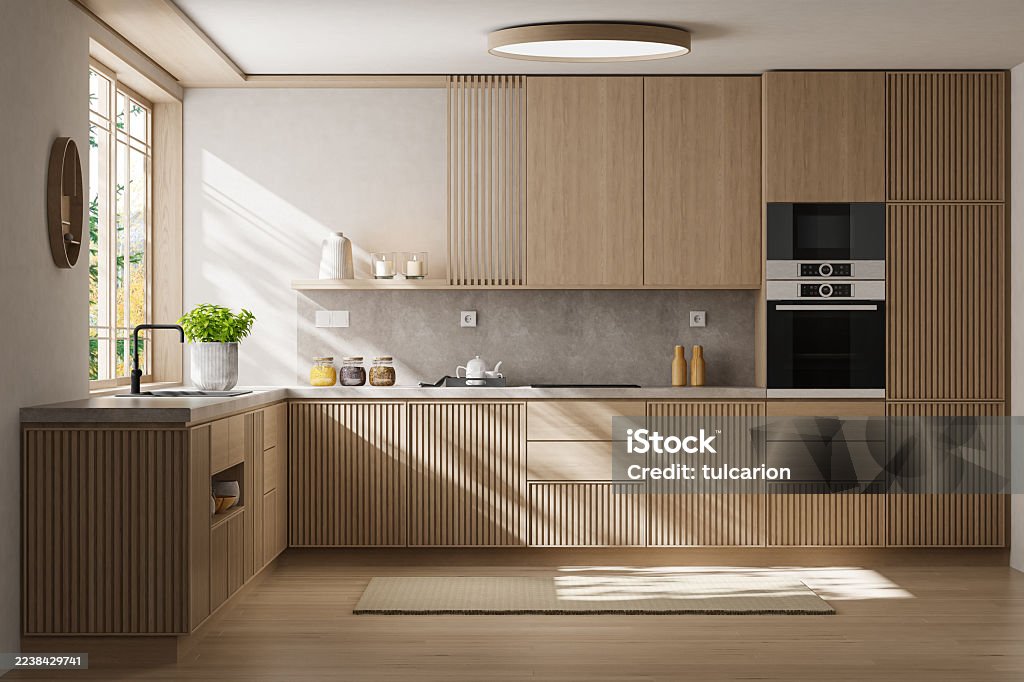 Warm wood-panelled minimalist kitchen